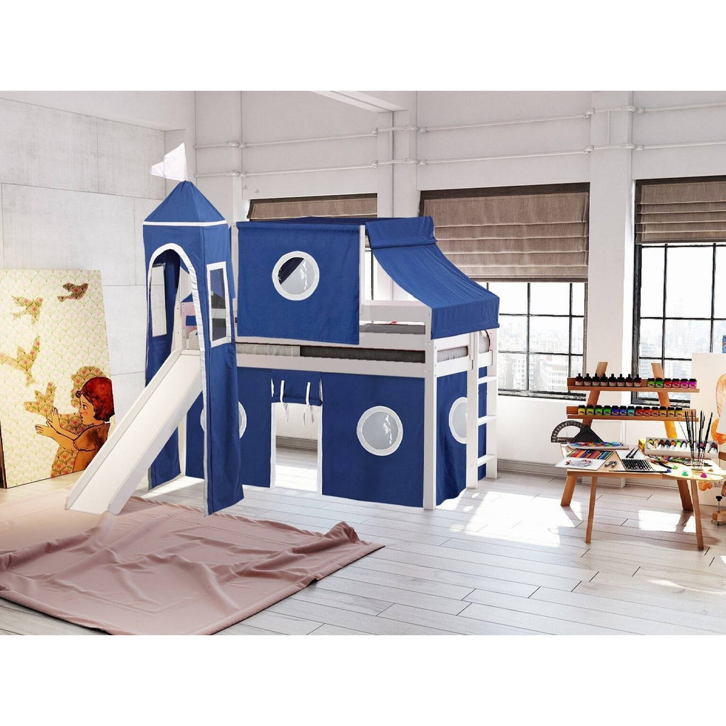 White Low Loft Twin Bed with Slide and Tent F26371