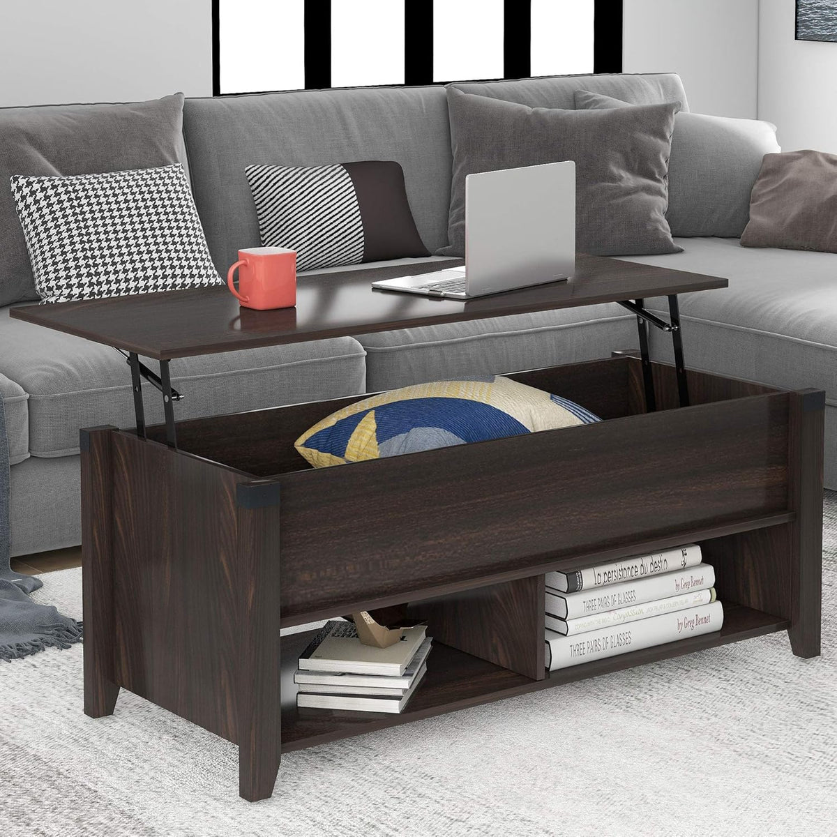 Wood Coffee Table with Drawer and Storage Shelf, Caster Wheels, Retro, Espresso G57574