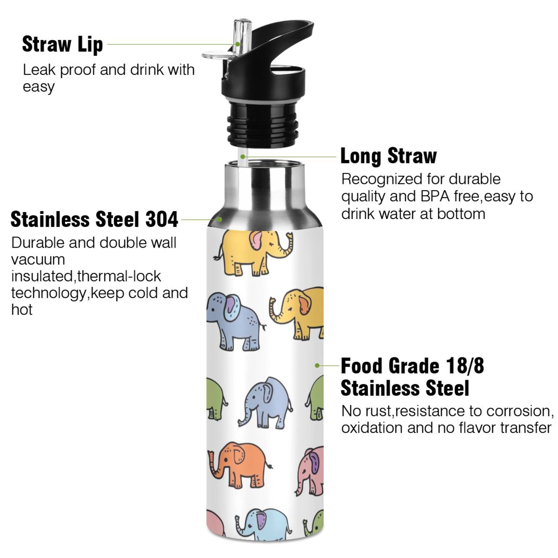Cartoon Elephants Insulated Stainless Steel Water Bottle with Straw Lid, 20 oz O5055