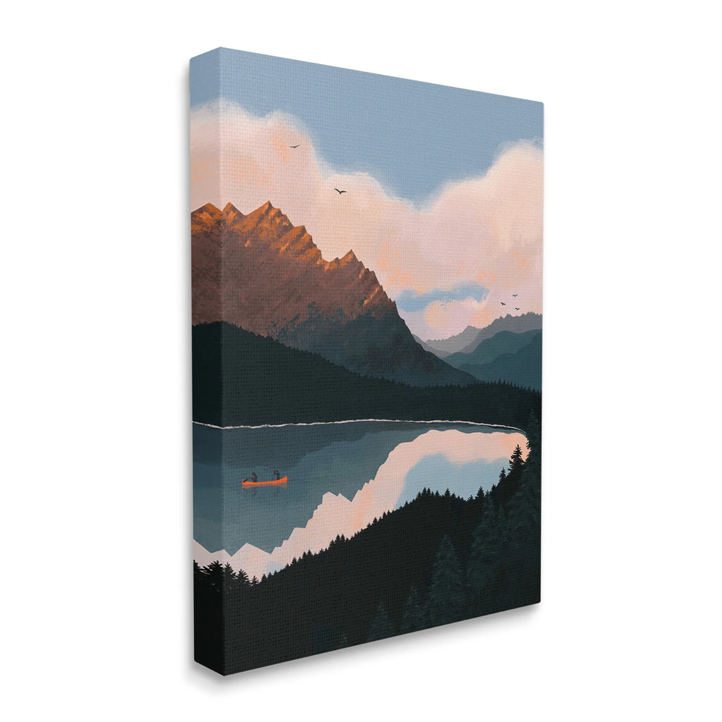 Mountain Range River Canoe Cloudy Wilderness Birds Canvas Wall Art, 24 x 30 O3360