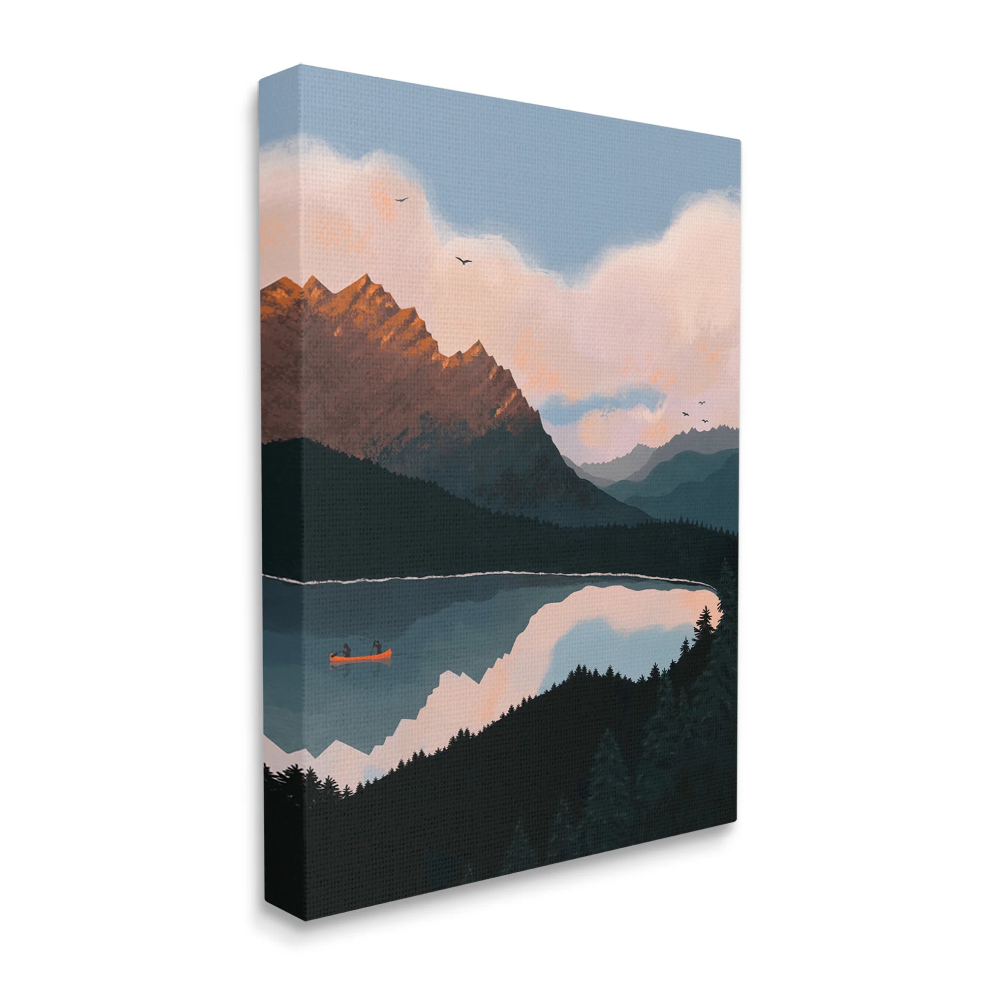 Mountain Range River Canoe Cloudy Wilderness Birds Canvas Wall Art, 24 x 30 O3360