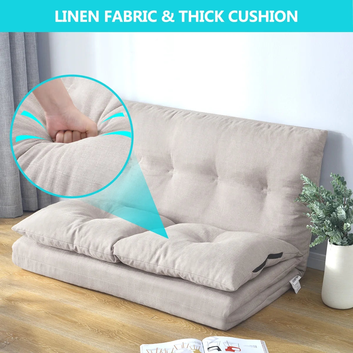 Foldable Double Chaise Lounge Floor Sofa Chair with Two Pillows H414