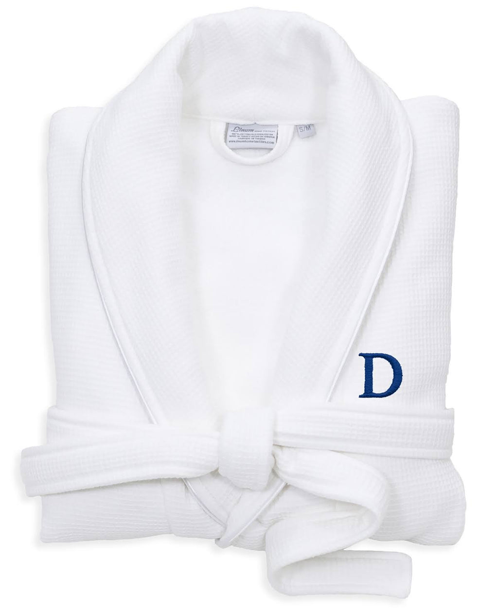 White Navy Turkish Cotton Waffle Terry Bathrobe with Satin Piped Trim S49482