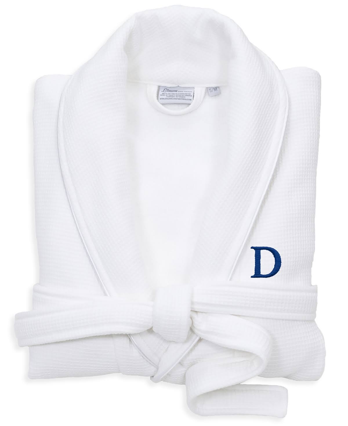 White Navy Turkish Cotton Waffle Terry Bathrobe with Satin Piped Trim S49482