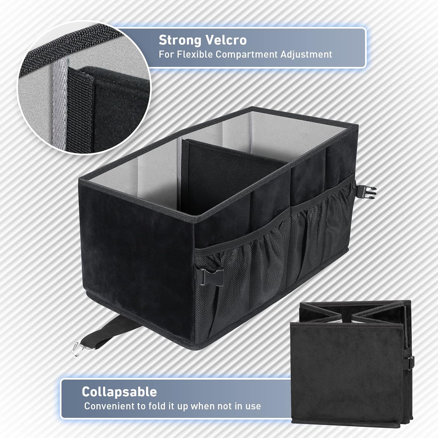 Car Seat Organizer with Side Mesh Pockets, Collapsible Trunk Cargo Storage Container (Black) D860074
