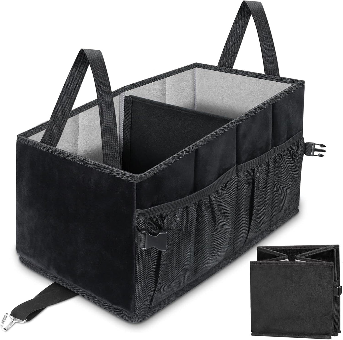 Car Seat Organizer with Side Mesh Pockets, Collapsible Trunk Cargo Storage Container (Black) D860074