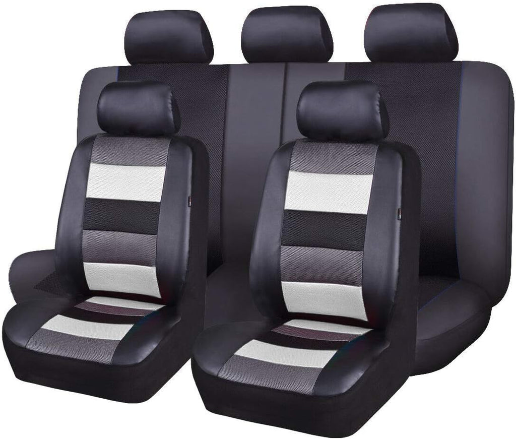 Black Leather and Red Fabric Mesh Car Seat Covers Full Set C438453