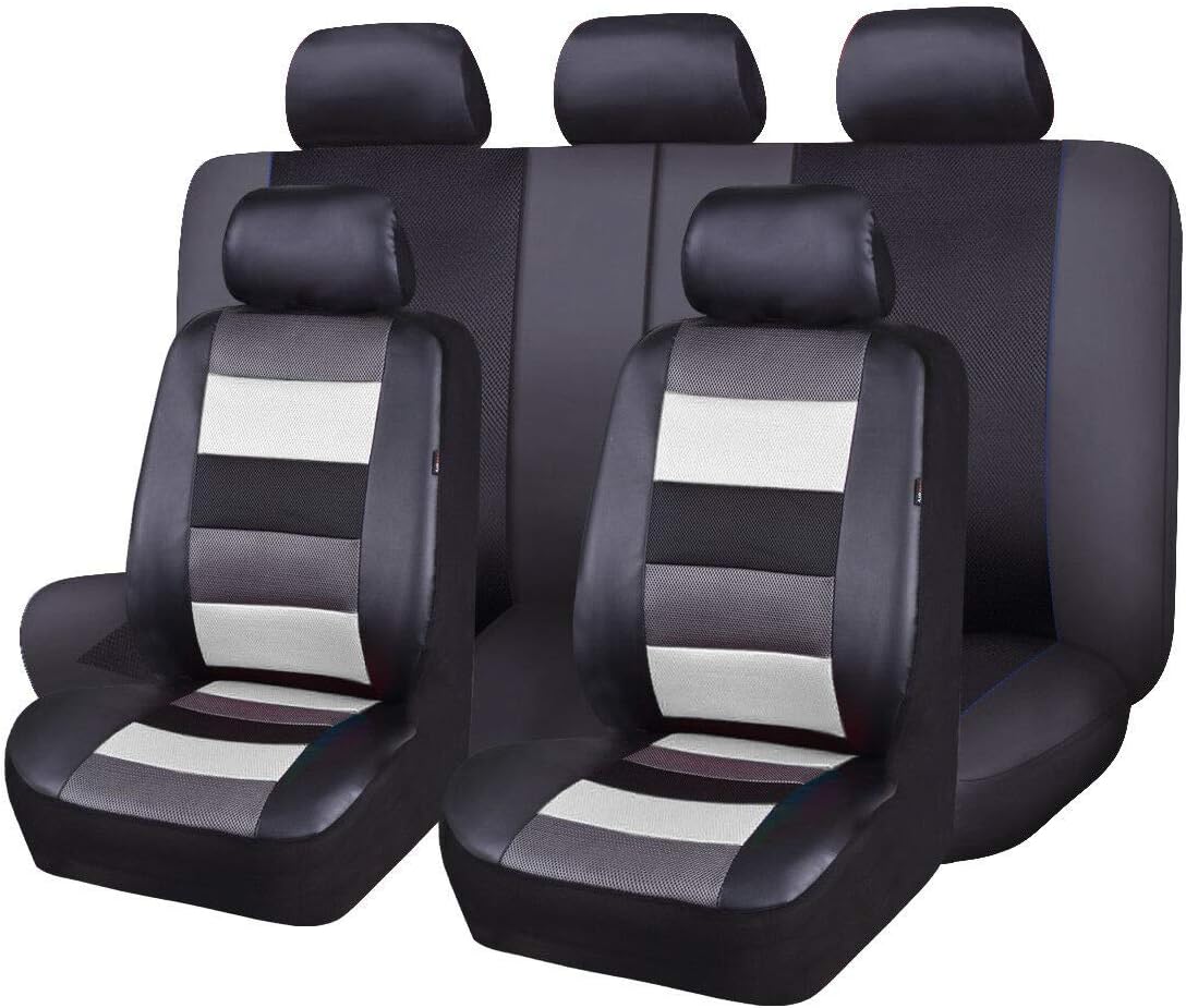 Black Leather and Red Fabric Mesh Car Seat Covers Full Set C438453
