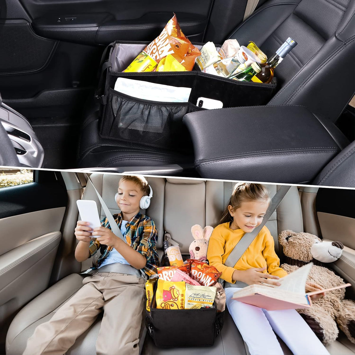 Car Seat Organizer with Side Mesh Pockets, Collapsible Trunk Cargo Storage Container (Black) D860074