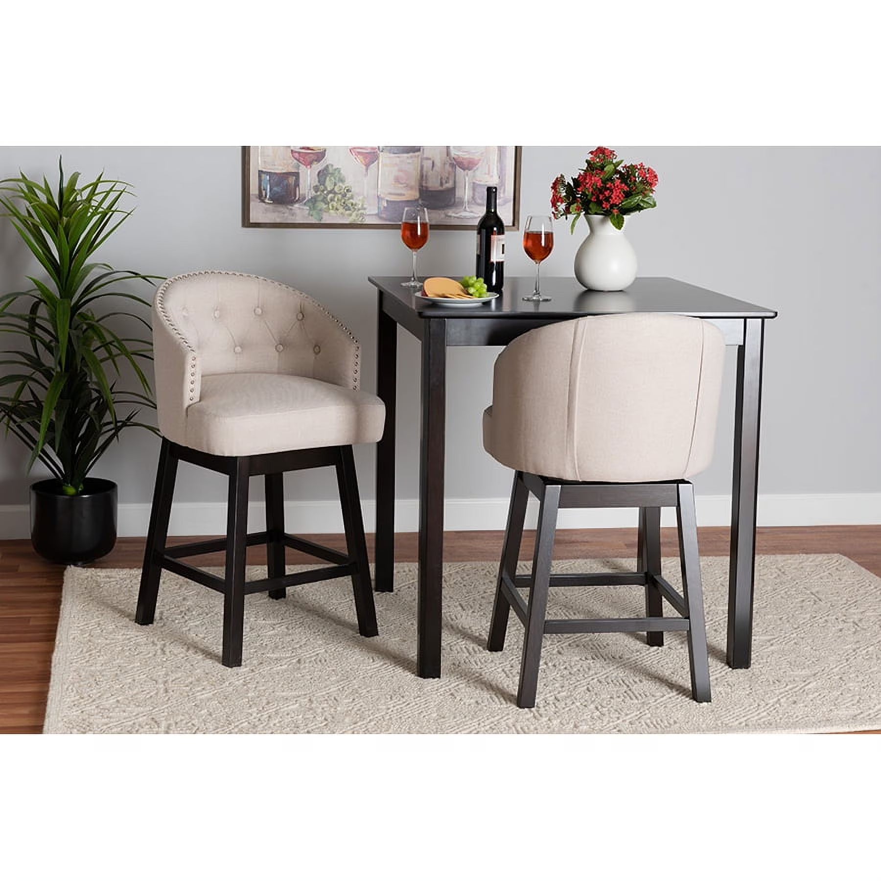 Light Beige Fabric and Espresso Brown Finished Wood 2-Piece Swivel Counter Chair A657