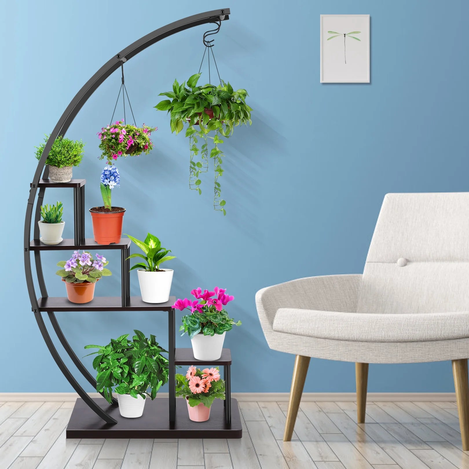 5 Tier Half Moon Shape Plant Stand with Hanging Hook R405392