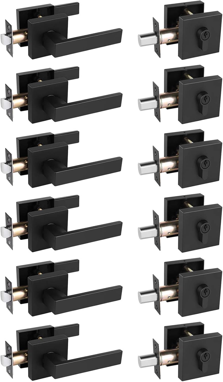 4 Pack Passage Door Lever with Single Cylinder Deadbolt Combination Set in Matte Black P337