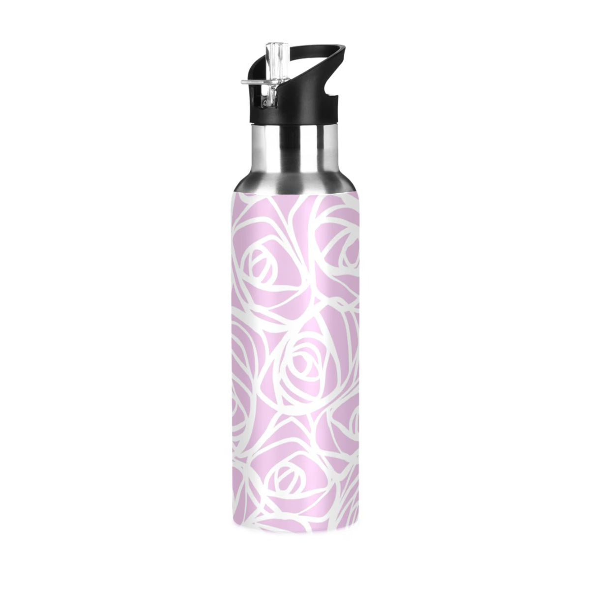 White Rose Flower Pink Stripes Stainless Steel Water Bottle 20 OZ R893475
