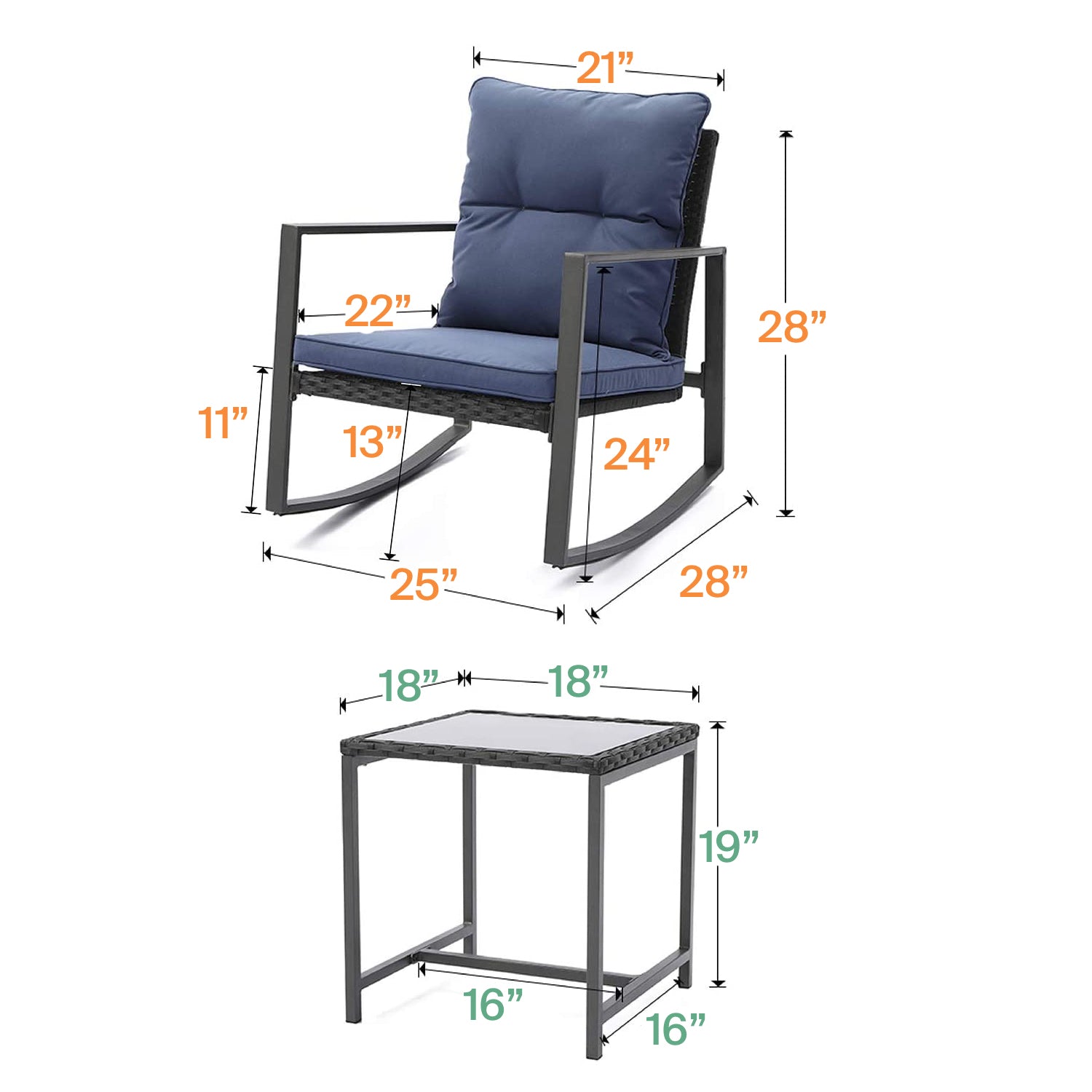 Black Wicker 3-Piece Rocking Chair Set with Glass Table U124355