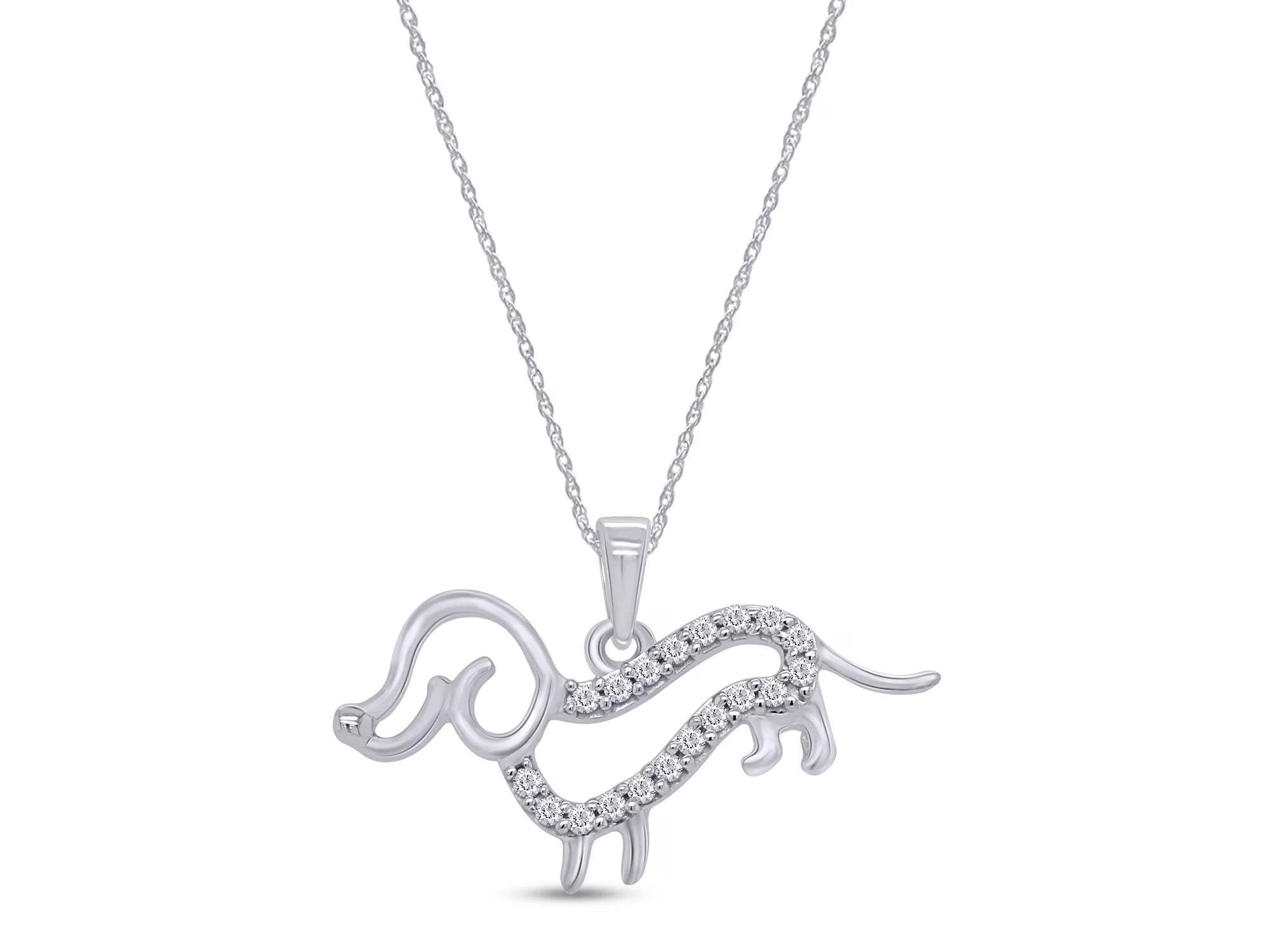 White Cubic Zirconia Dachshund Dog Pendant Necklace in 14k White Gold Over Sterling Silver with 18" Silver Chain Y3122