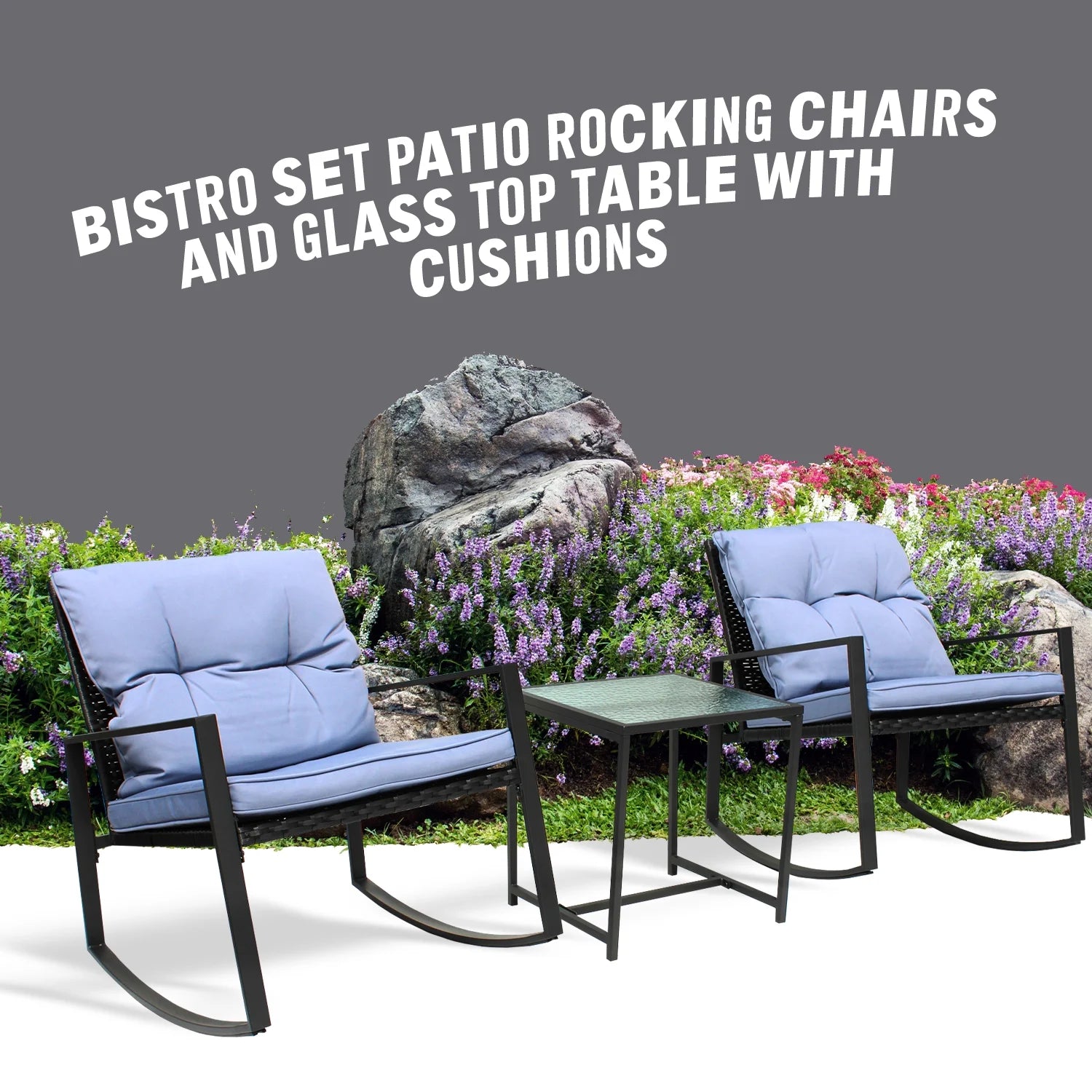 Black Wicker 3-Piece Rocking Chair Set with Glass Table U124355