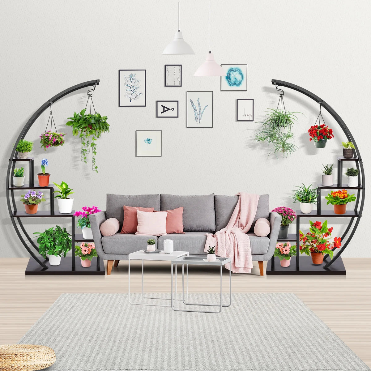 5 Tier Half Moon Shape Plant Stand with Hanging Hook R405392