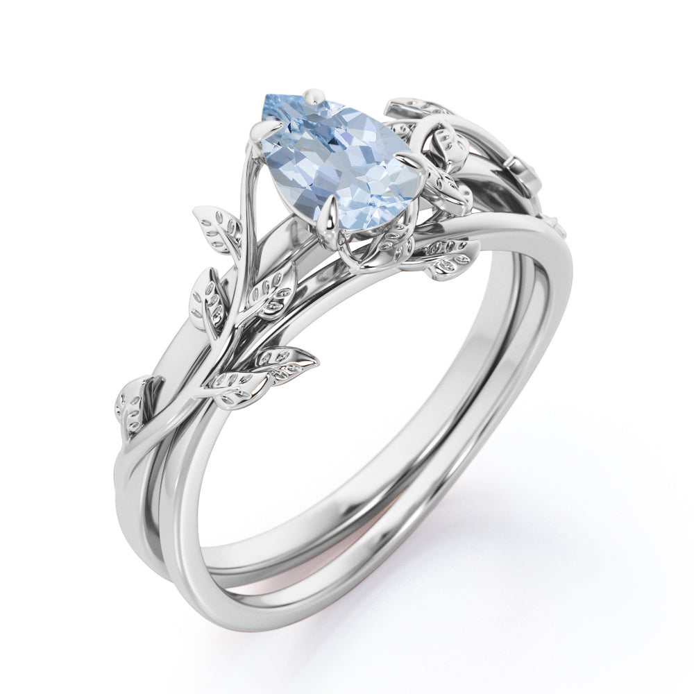 1 Carat Teardrop Created Aquamarine Bridal Ring Set in 18K White Gold Plating over Silver Q775