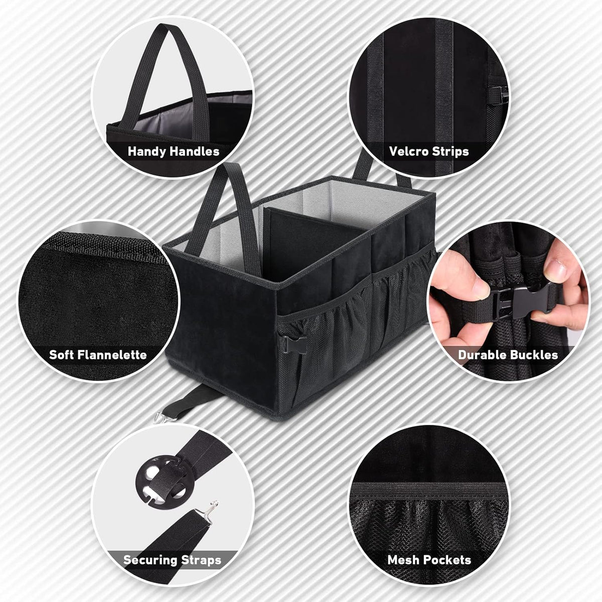 Car Seat Organizer with Side Mesh Pockets, Collapsible Trunk Cargo Storage Container (Black) D860074
