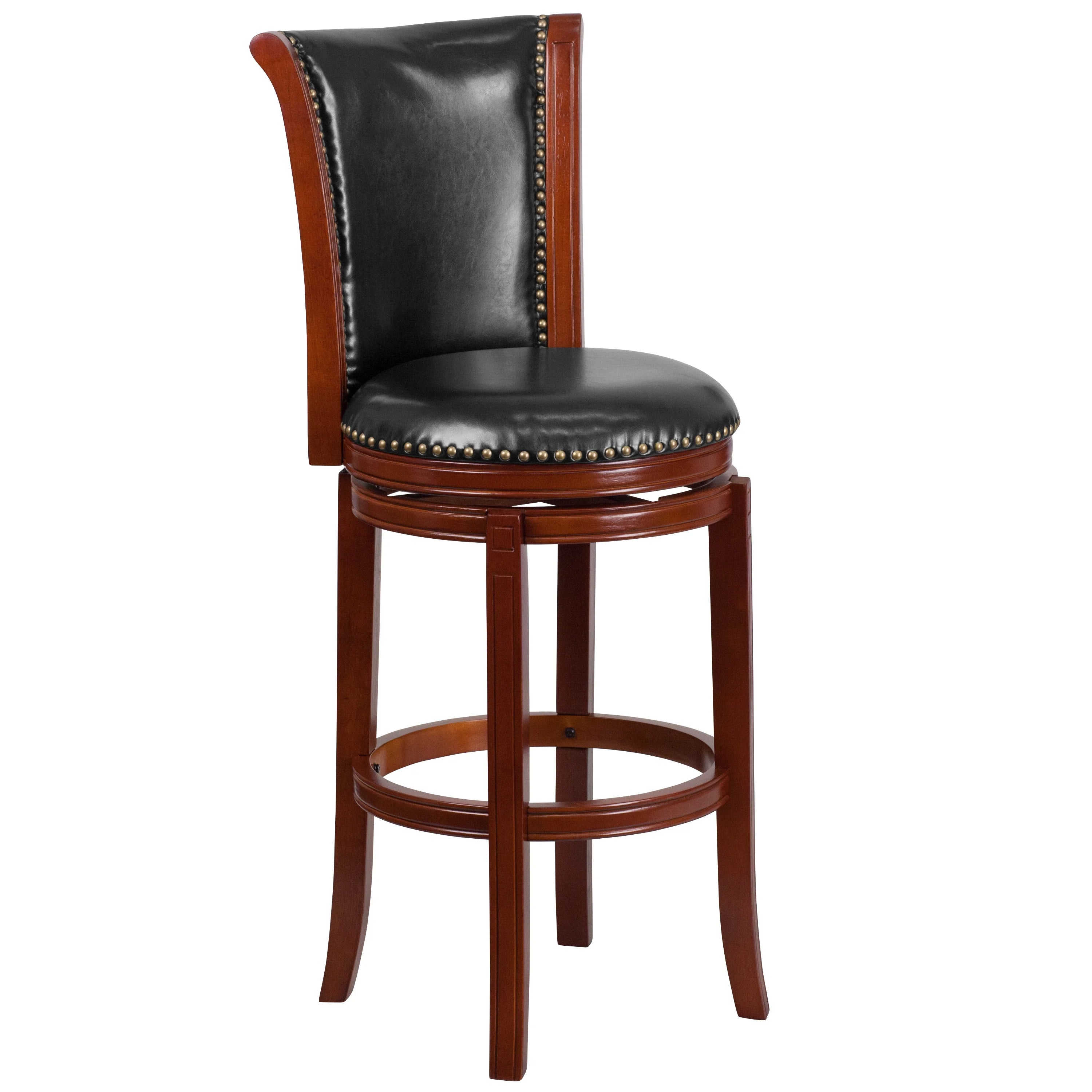 30" Dark Chestnut Wooden Bar Stool with Black Faux Leather Swivel Seat I6934
