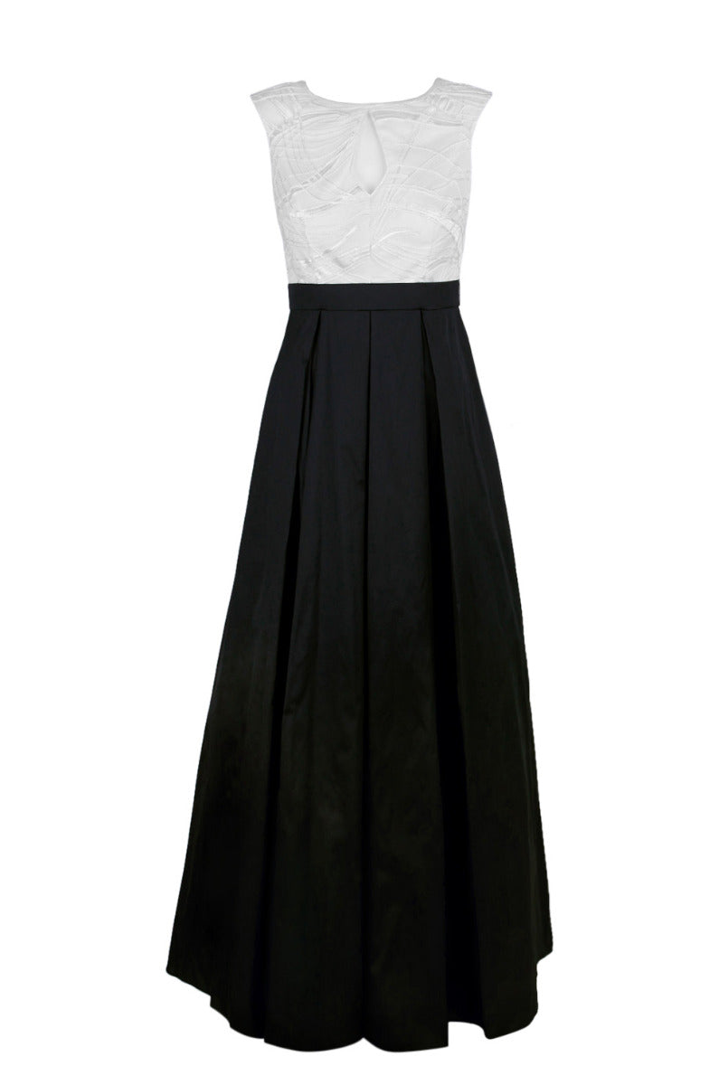 IVORY BLACK Pleated Embroidered Mesh Taffeta Dress X2515