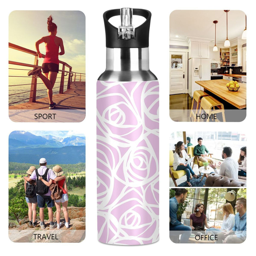 White Rose Flower Pink Stripes Stainless Steel Water Bottle 20 OZ R893475