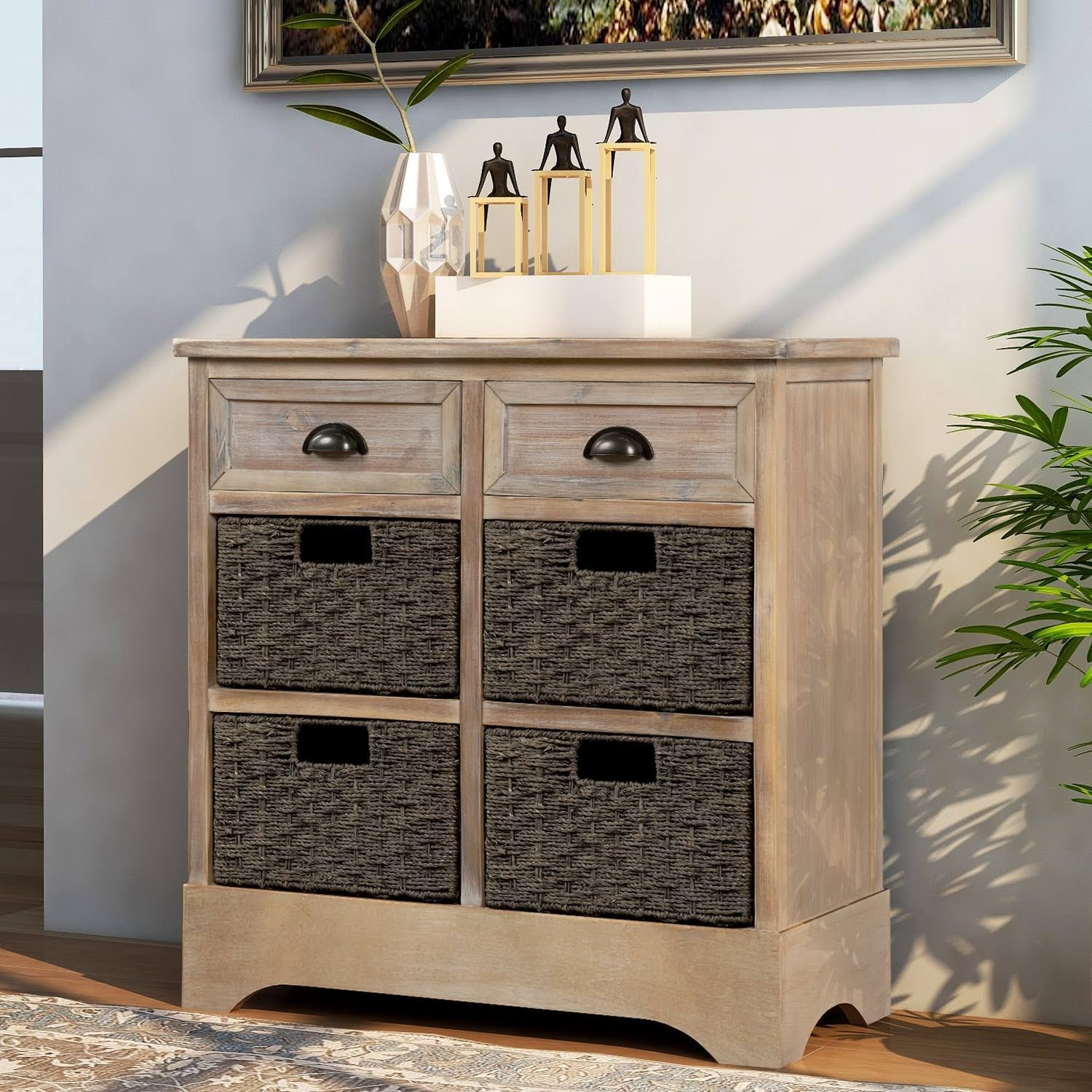 Rustic Storage Cabinet with 2-Drawers and 4 Fabric Basket Dark Brown I811