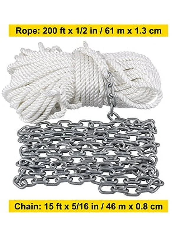 Boat Anchor Chain 15' x 5/16" Galvanized Chain with 1/2" x 200' Nylon Rope N139