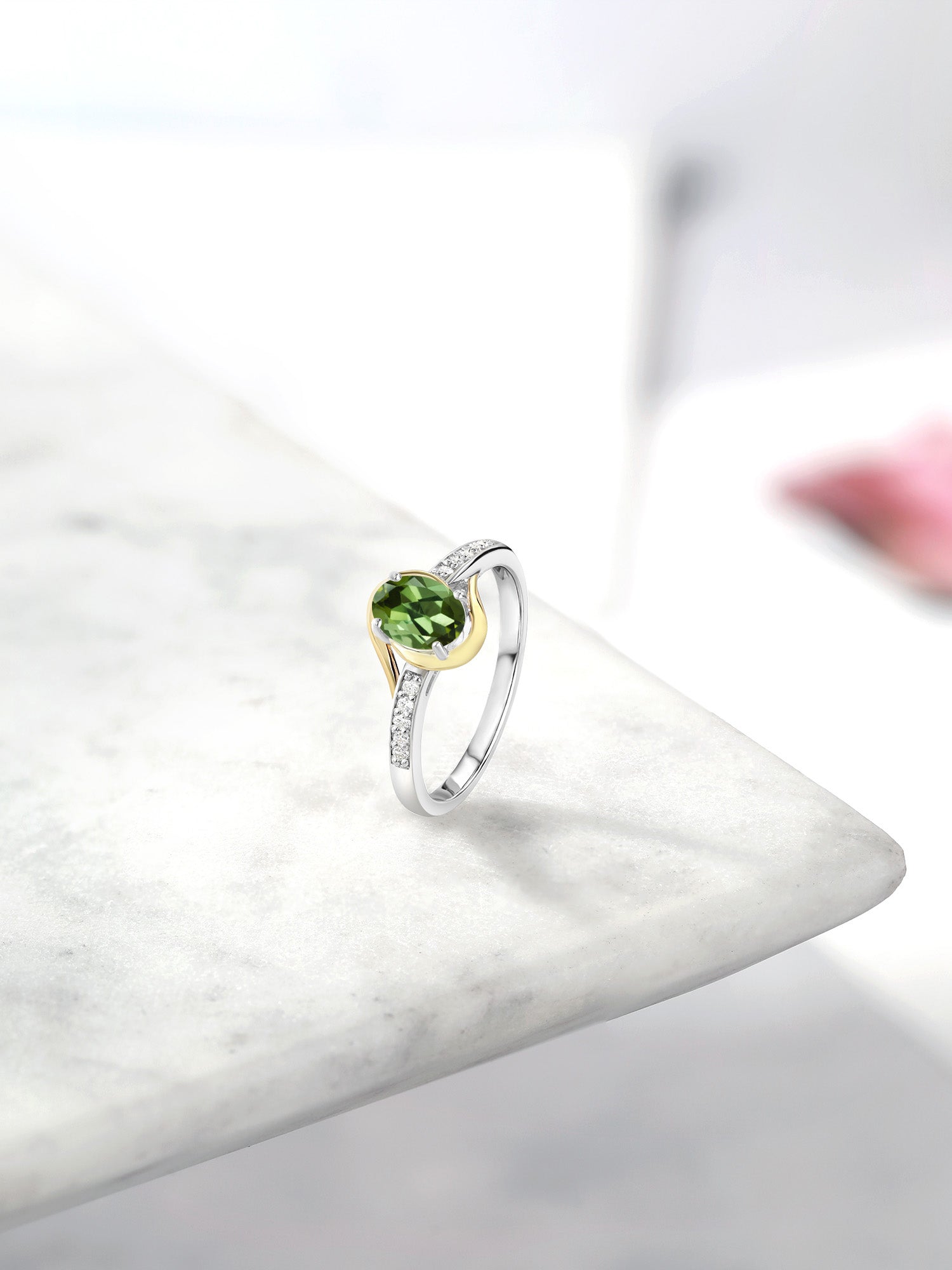 10K Yellow Gold and 925 Sterling Silver Green Tourmaline and White Lab Grown Diamond Engagement Ring V80213