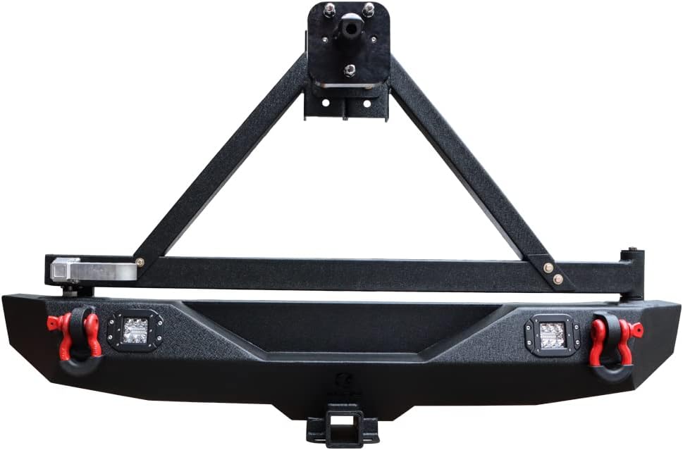 Textured Black Rear Bumper with Tire Bracket, LED Light, D-Ring, Rear Camera Mounting Holes M532