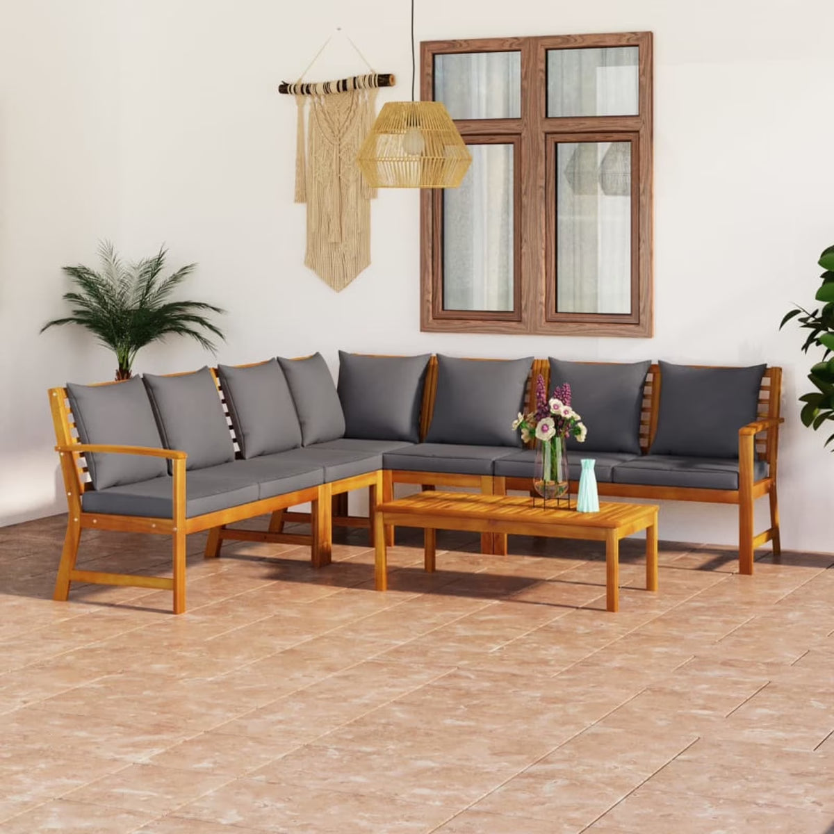 6 Piece Patio Lounge Set with Cushions Acacia Wood Outdoor Sectional Set I7897