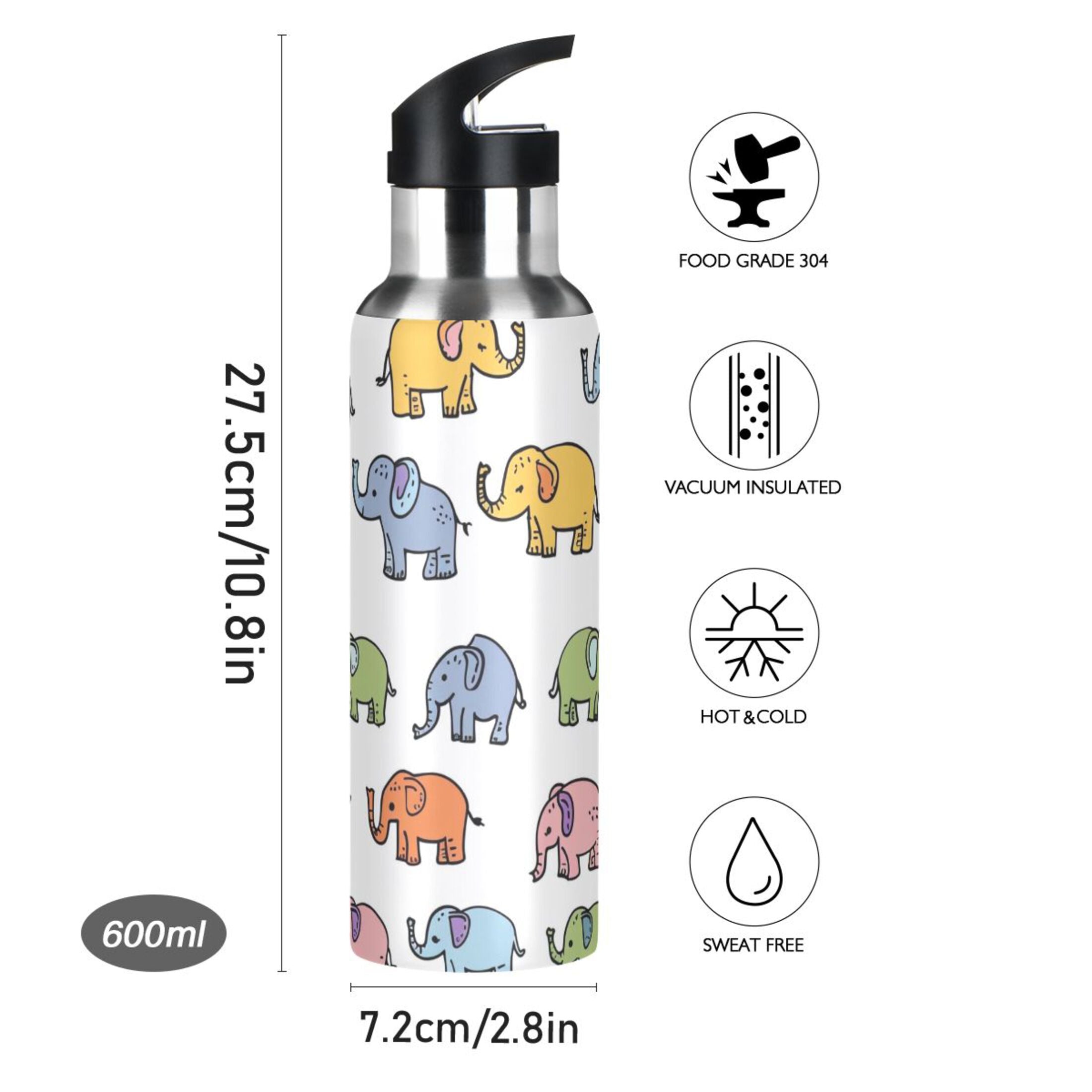 Cartoon Elephants Insulated Stainless Steel Water Bottle with Straw Lid, 20 oz O5055