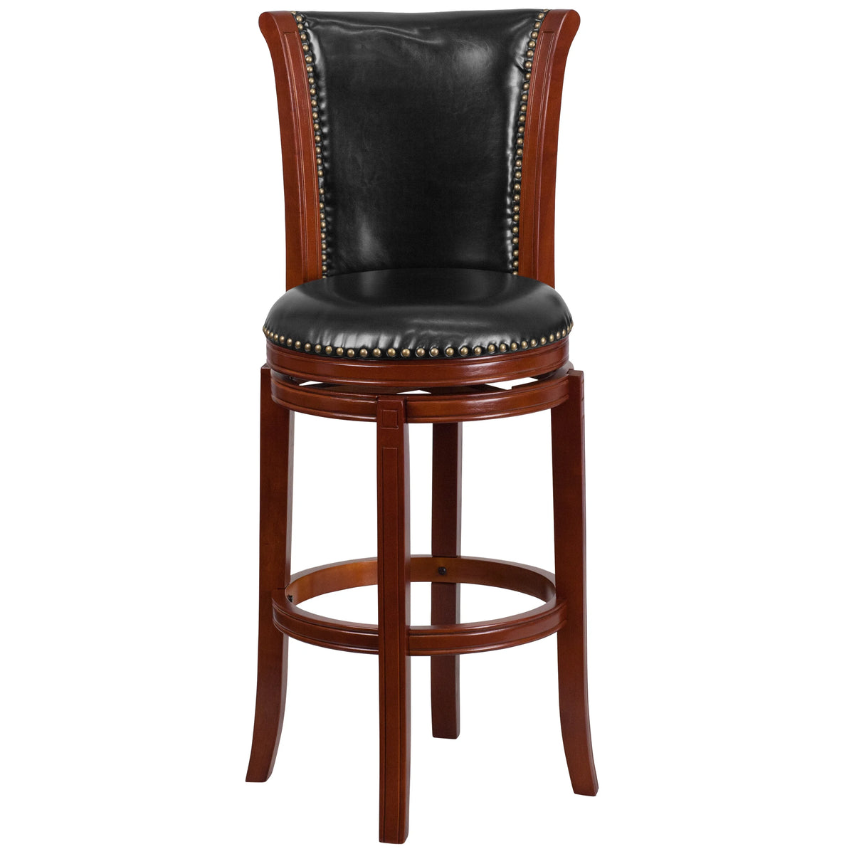 30" Dark Chestnut Wooden Bar Stool with Black Faux Leather Swivel Seat I6934