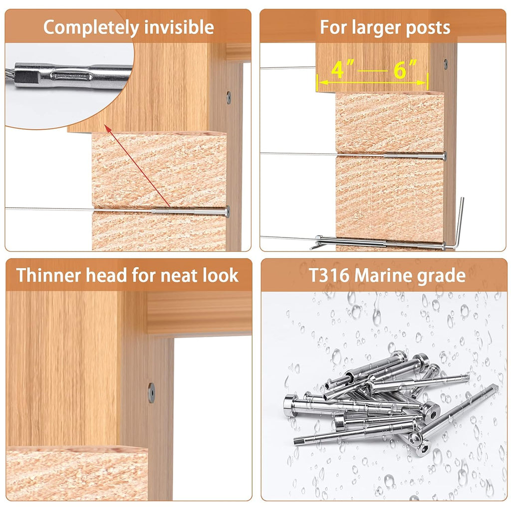 1/8 Invisible Cable Railing Kit Turnbuckle Swage Threaded Stud and Stemball Combination Pack for 2”-6” Wood & Metal Post M918