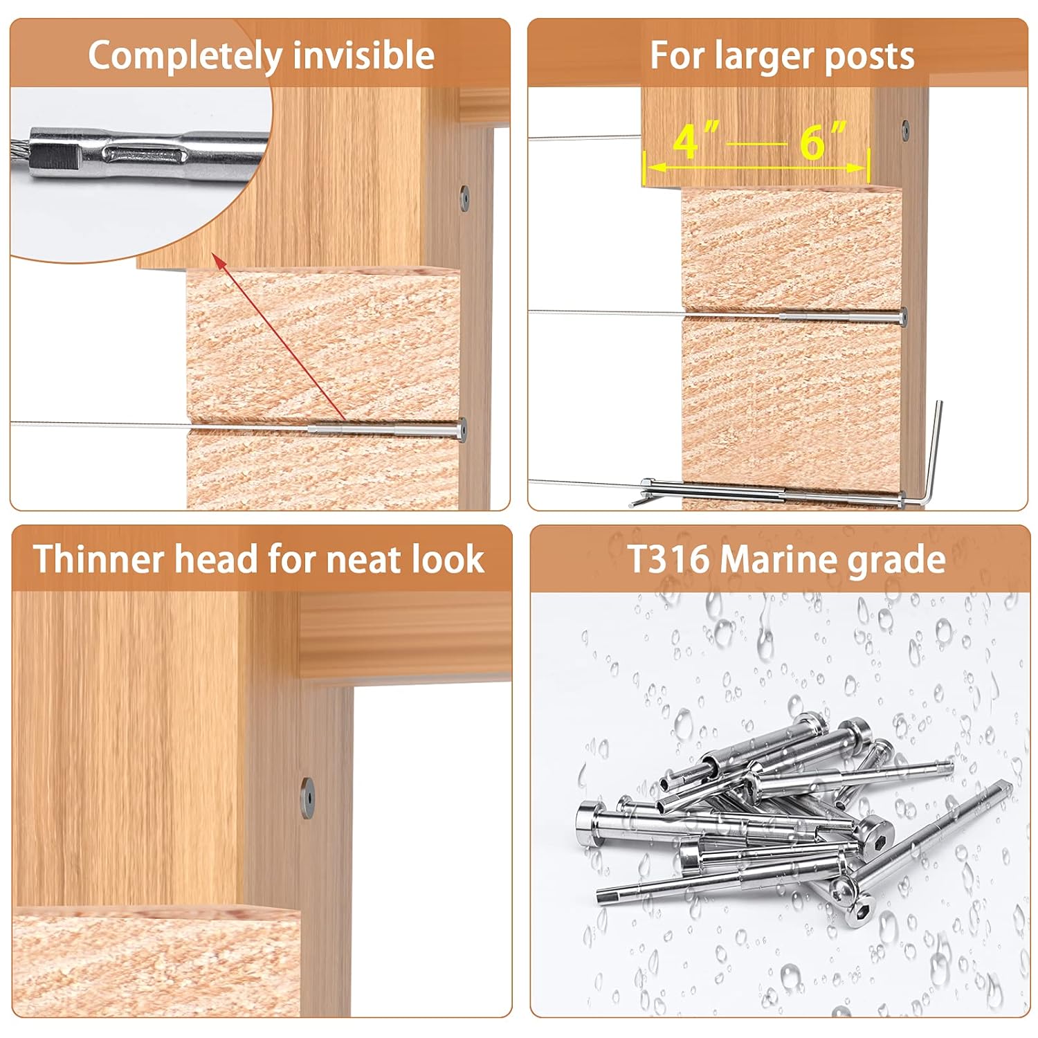 1/8 Invisible Cable Railing Kit Turnbuckle Swage Threaded Stud and Stemball Combination Pack for 2”-6” Wood & Metal Post M918