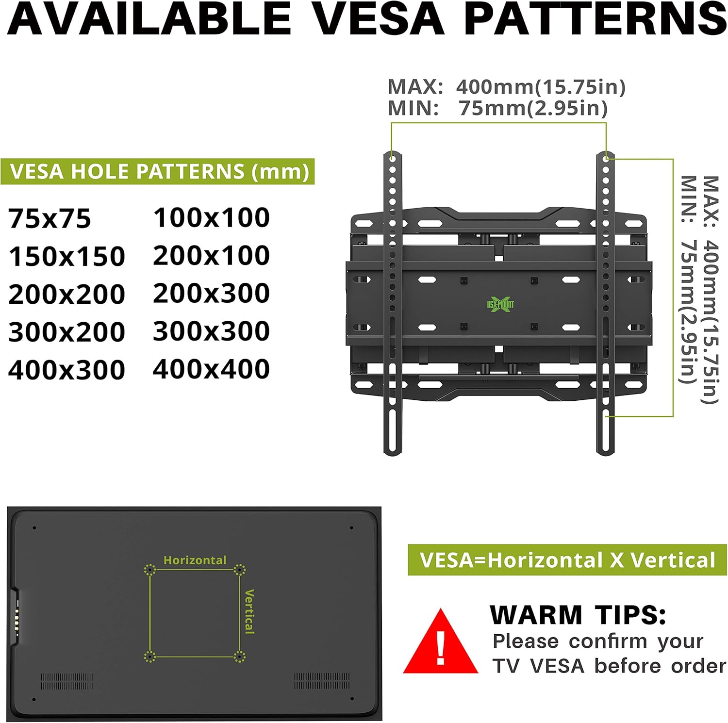 Full Motion TV Wall Mount for 32-65 inch Flat Screen TVs, Max VESA 400x400mm, Holds up to 110lbs, Pack of 2 R261651