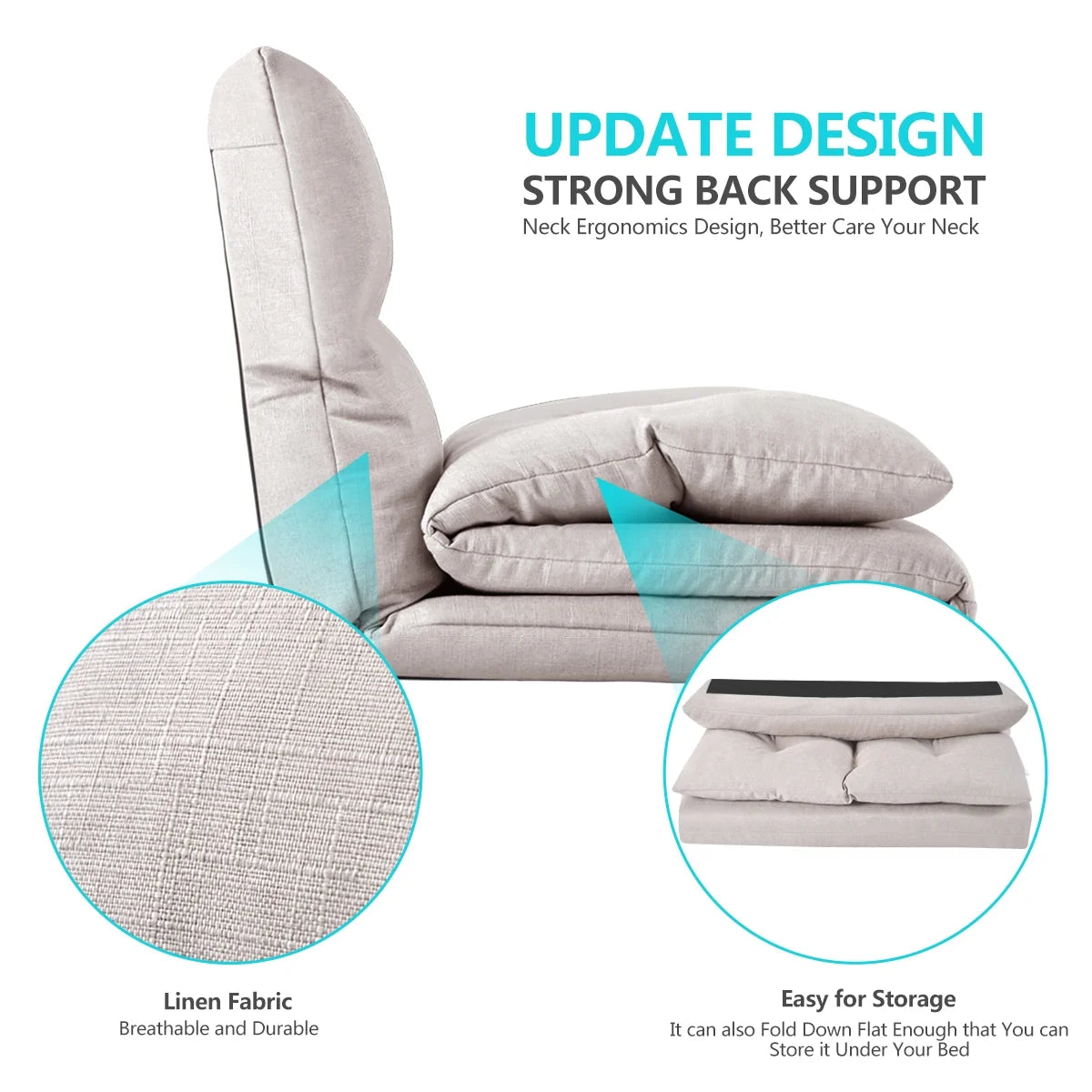Foldable Double Chaise Lounge Floor Sofa Chair with Two Pillows H414