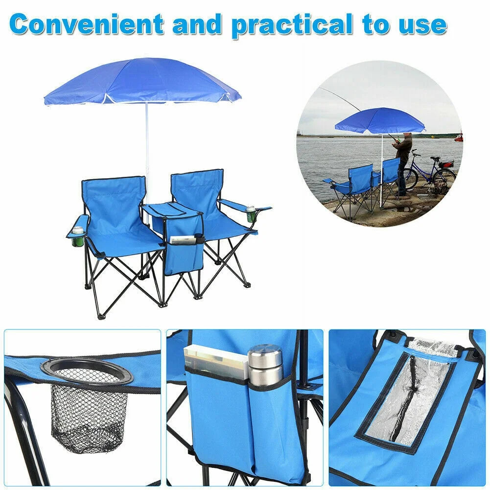 Folding Picnic Chair with Umbrella Mini Table Beverage Holder F6236