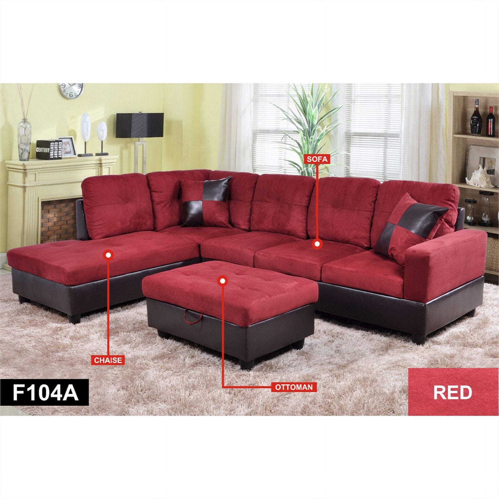 Red Raspberry Microfiber Faux Leather Sofa Set J571