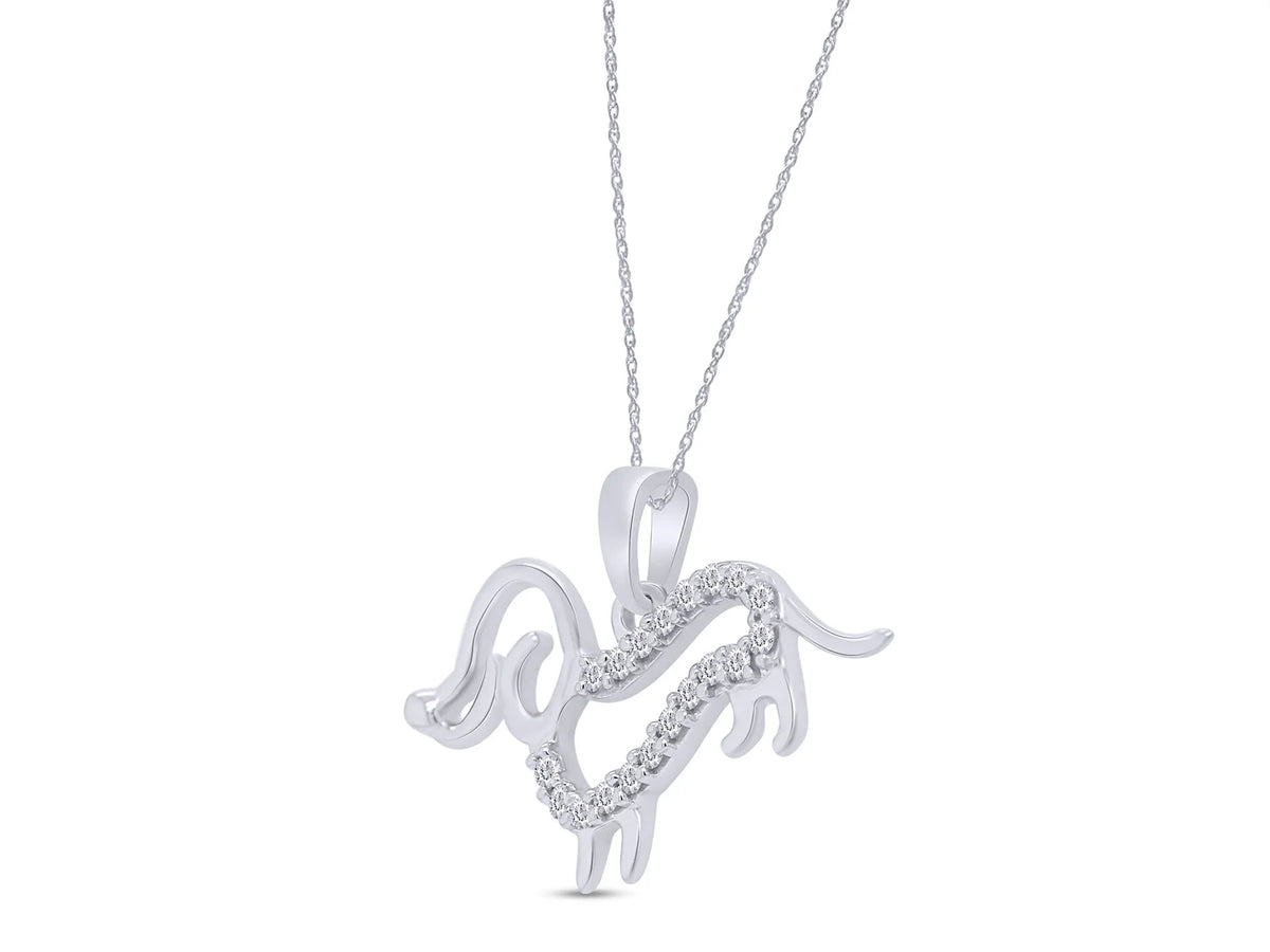 White Cubic Zirconia Dachshund Dog Pendant Necklace in 14k White Gold Over Sterling Silver with 18" Silver Chain Y3122