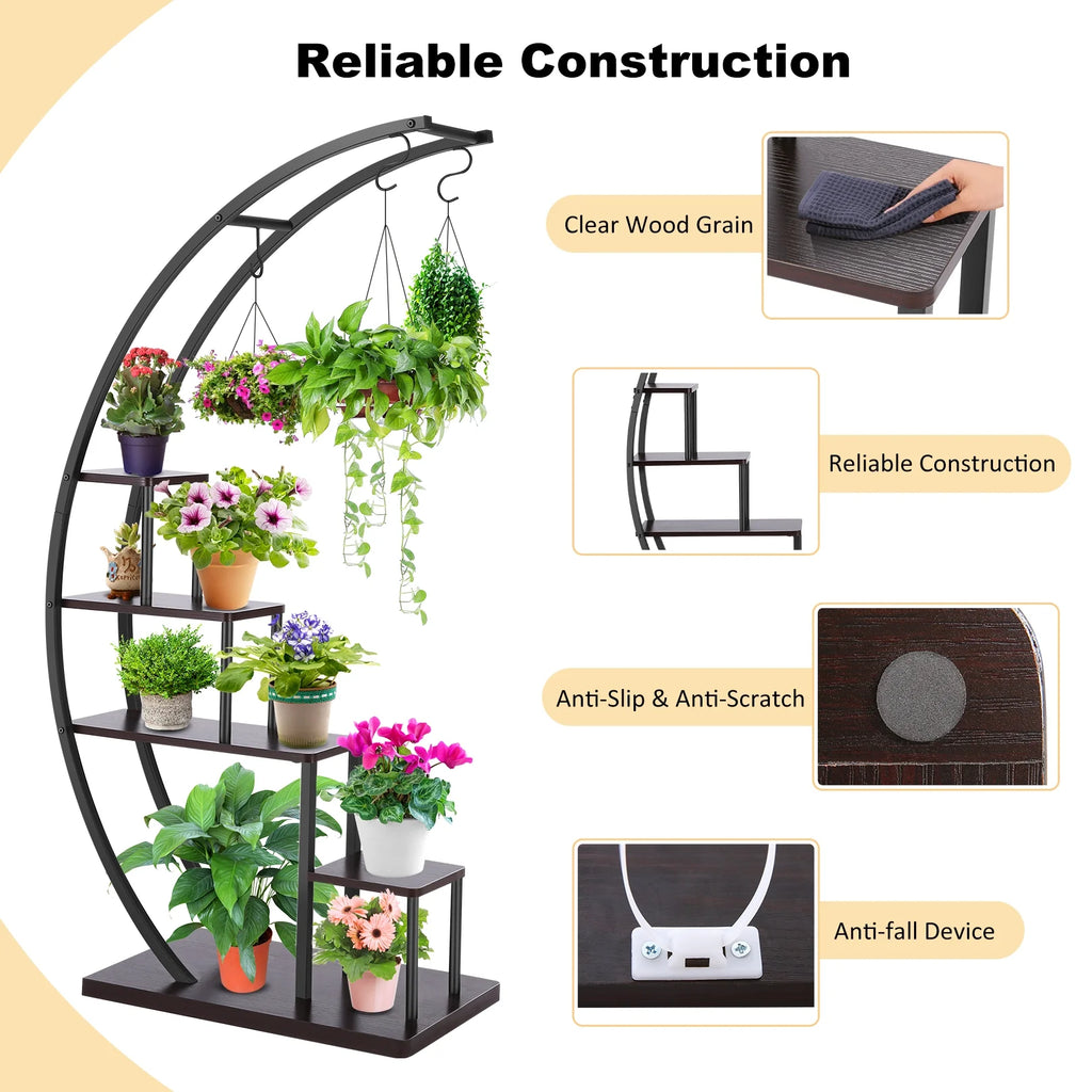 5 Tier Half Moon Shape Plant Stand with Hanging Hook R405392