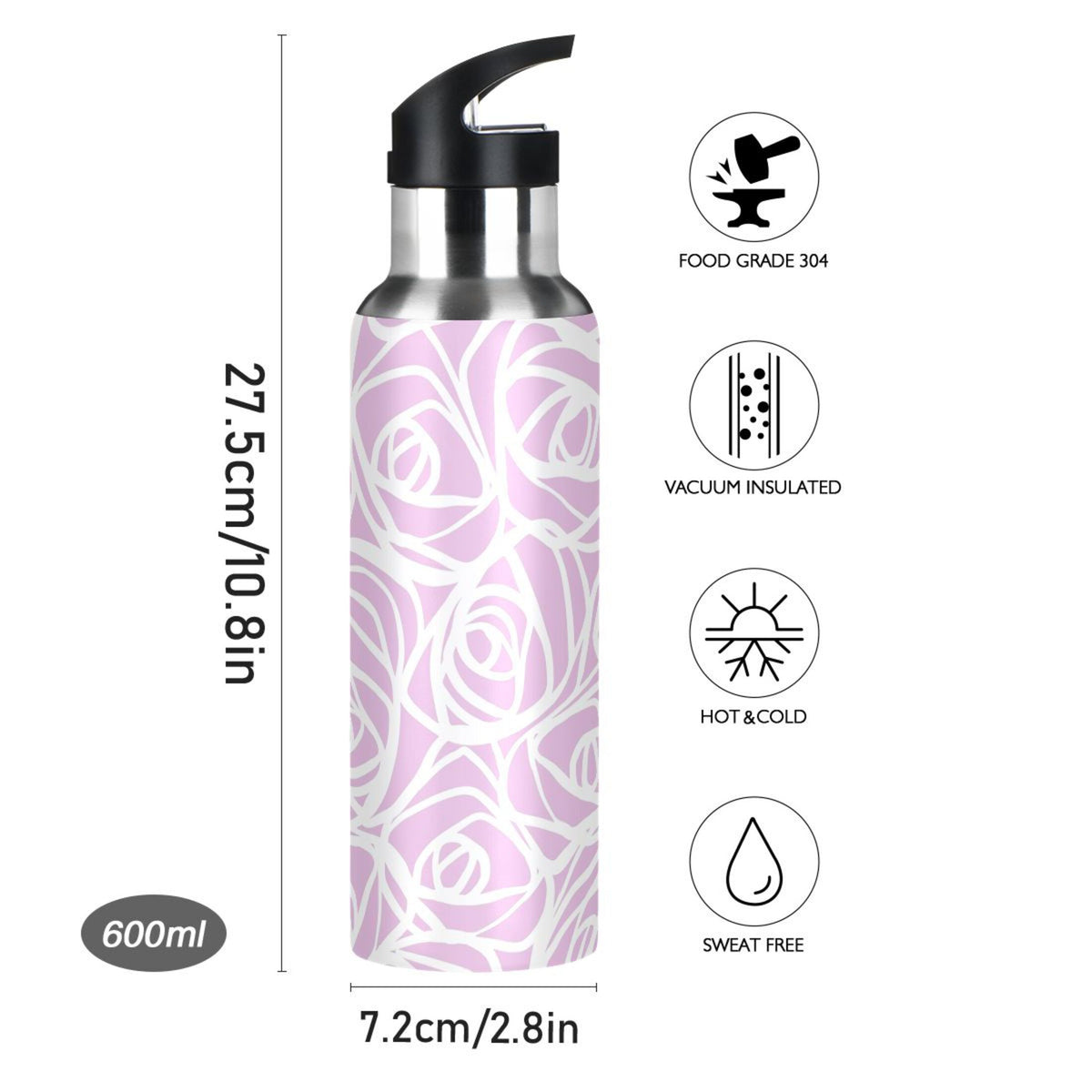 White Rose Flower Pink Stripes Stainless Steel Water Bottle 20 OZ R893475