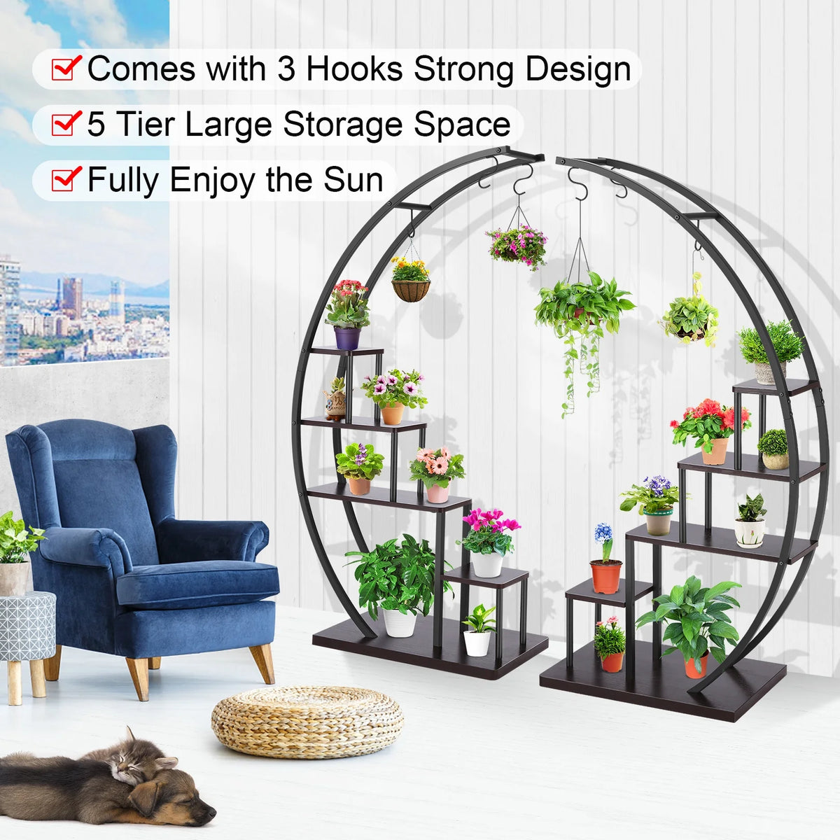 5 Tier Half Moon Shape Plant Stand with Hanging Hook R405392