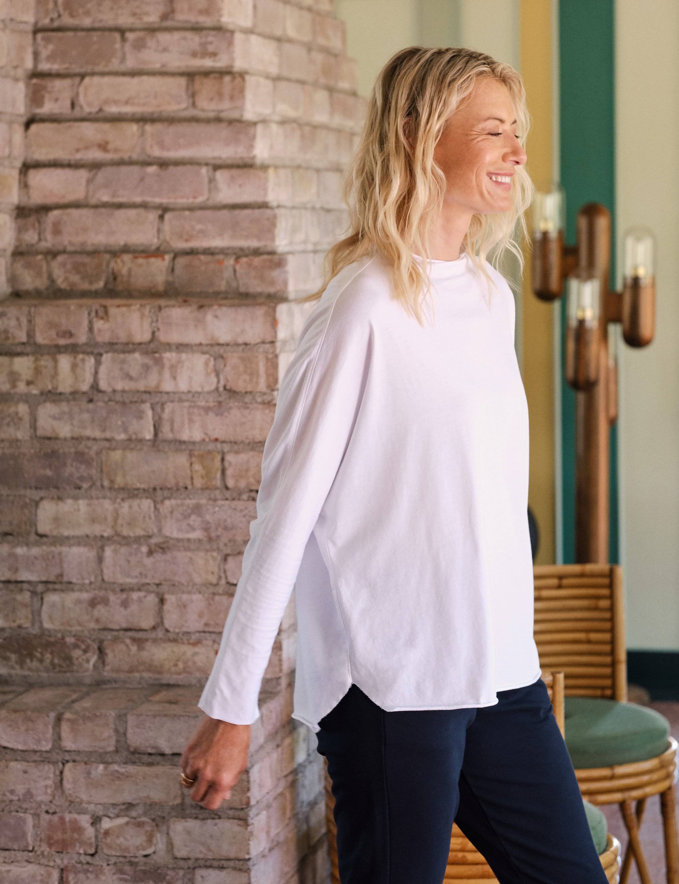 White Long-Sleeve Funnel Neck Capelet Tee A69334