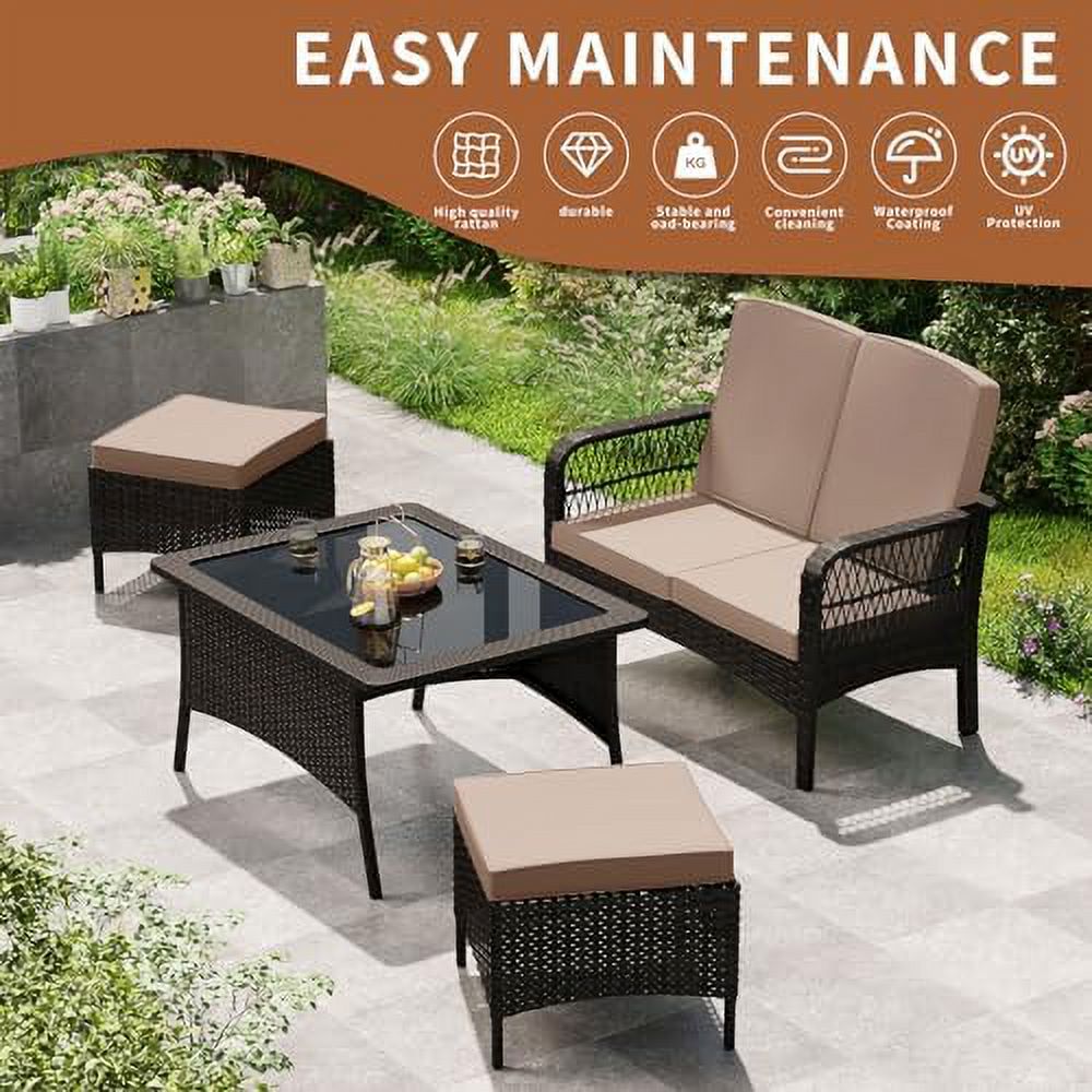 Sand 4PC Rattan Patio Conversation Set with Loveseat and Ottoman F124