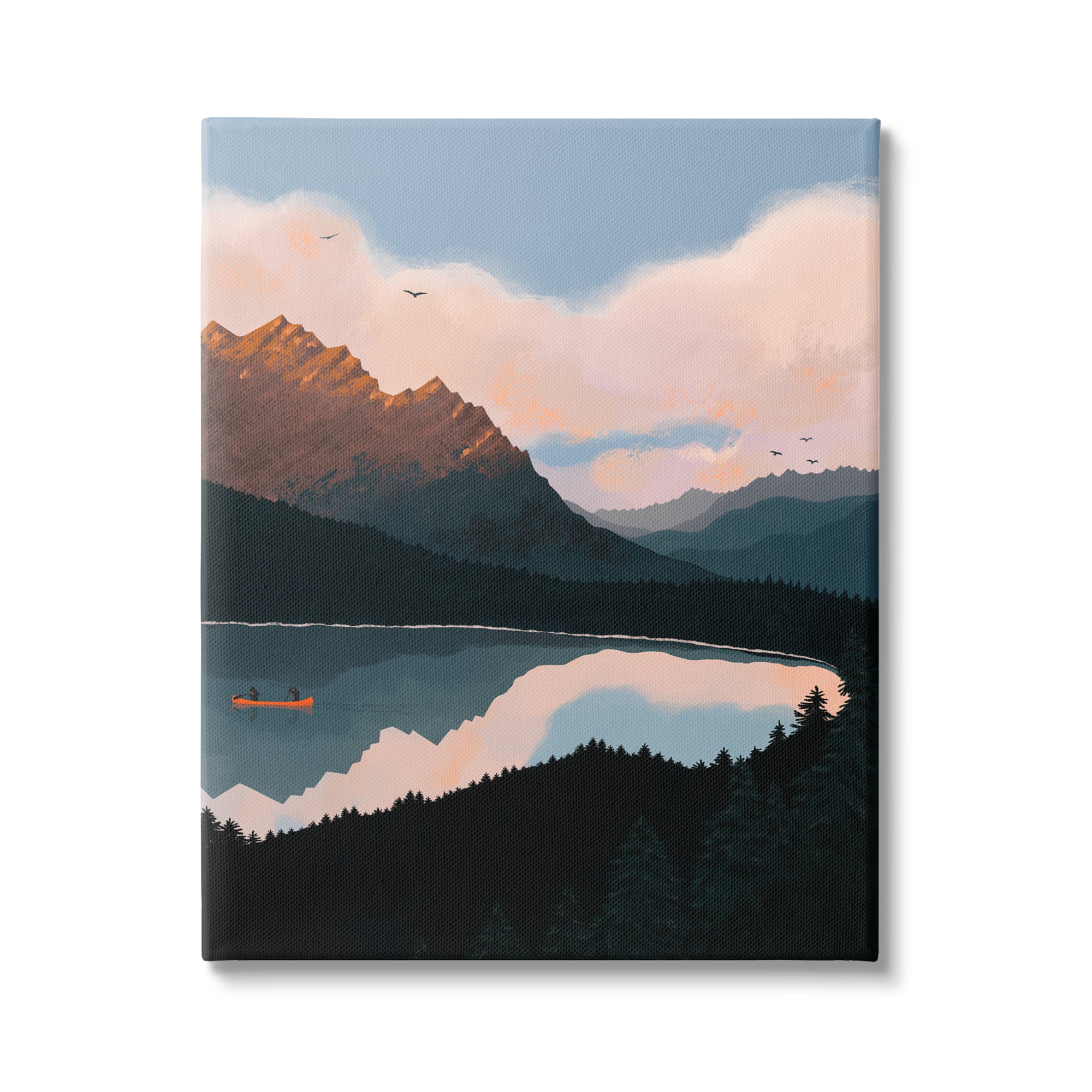 Mountain Range River Canoe Cloudy Wilderness Birds Canvas Wall Art, 24 x 30 O3360