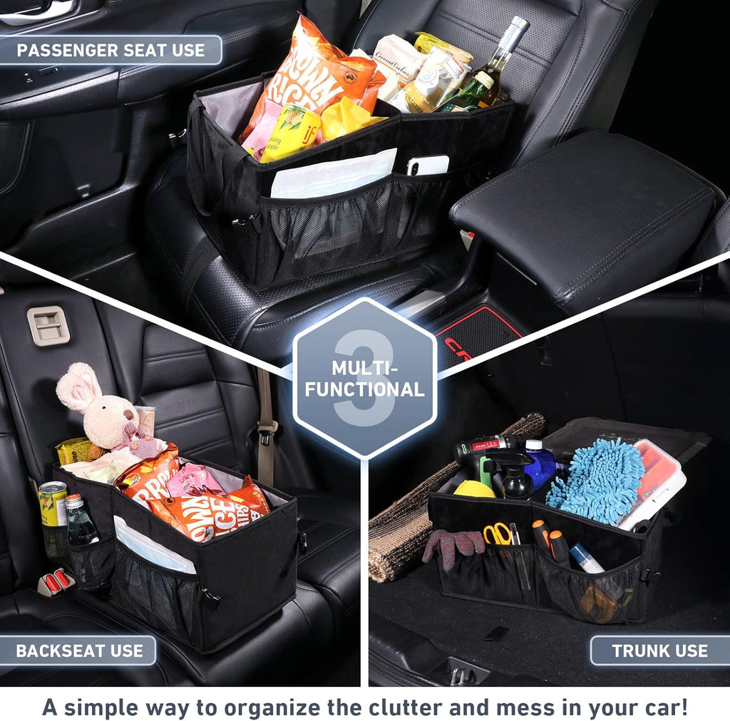 Car Seat Organizer with Side Mesh Pockets, Collapsible Trunk Cargo Storage Container (Black) D860074