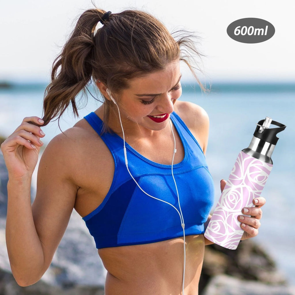 White Rose Flower Pink Stripes Stainless Steel Water Bottle 20 OZ R893475
