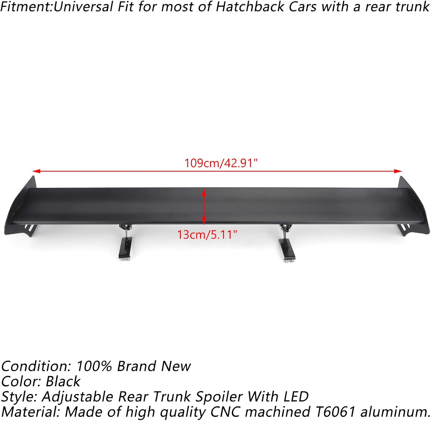 Universal Hatch Adjustable Aluminum Rear Trunk Wing Racing Spoiler With LED P597459