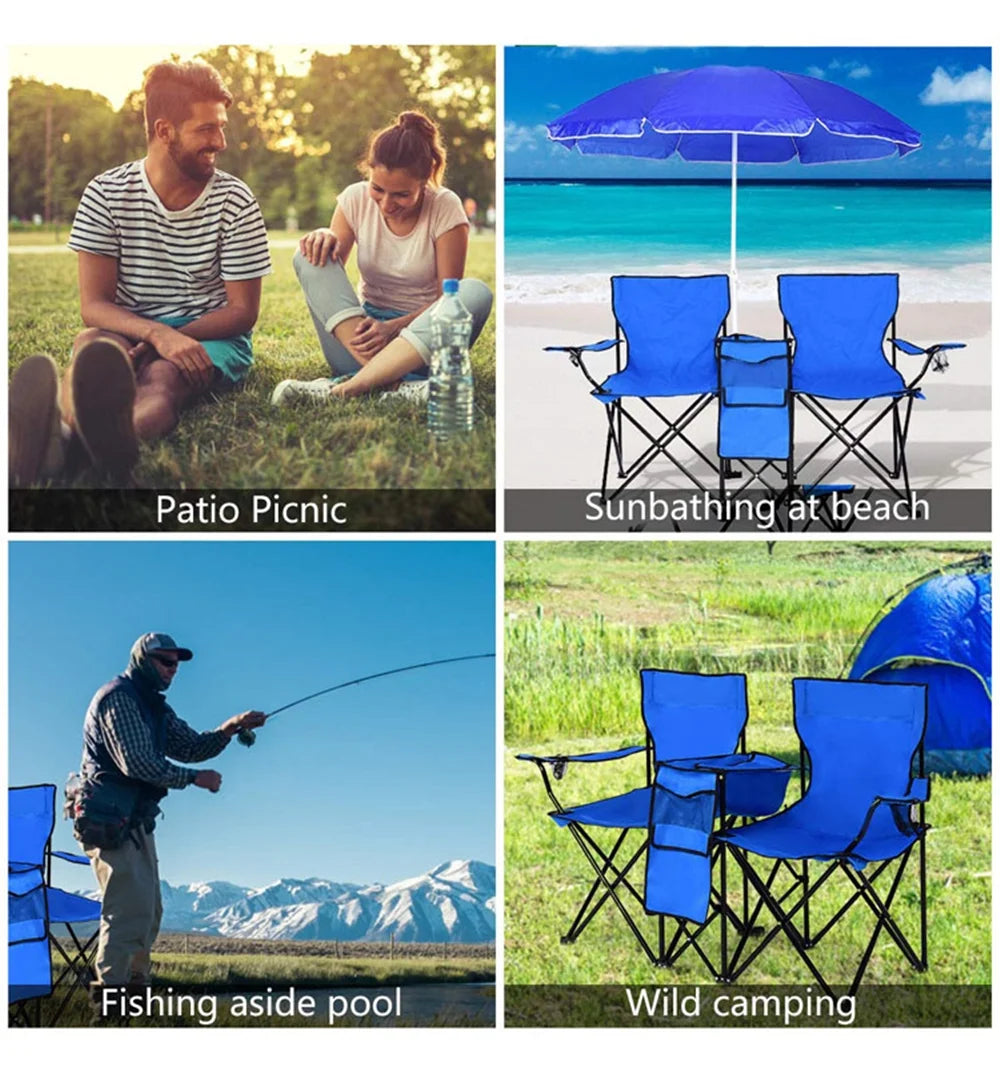 Folding Picnic Chair with Umbrella Mini Table Beverage Holder F6236